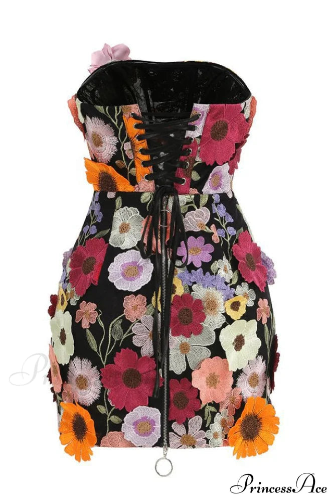 Floral 3D Embroidery Charming Tube Mini Dress