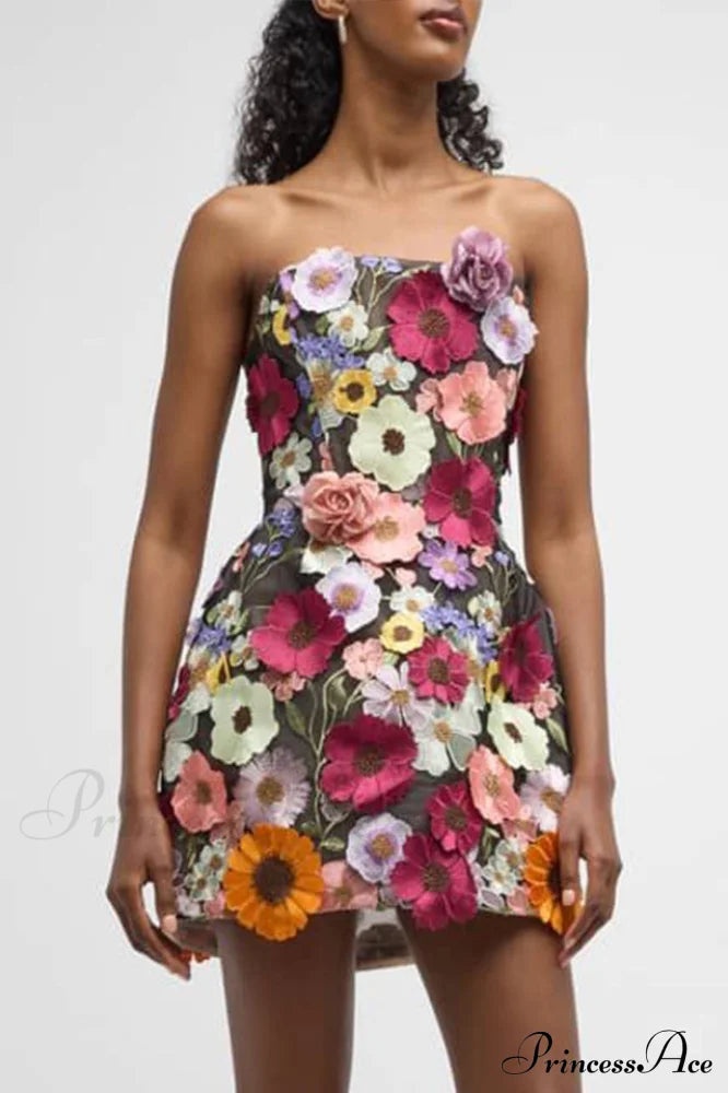 Floral 3D Embroidery Charming Tube Mini Dress Xs / 2#