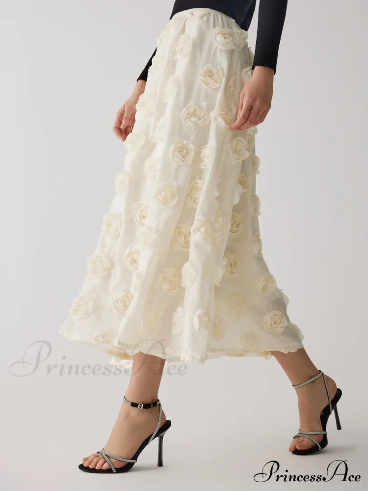 Floral A-Line Graceful Midi Skirt Apricot / S Skirts