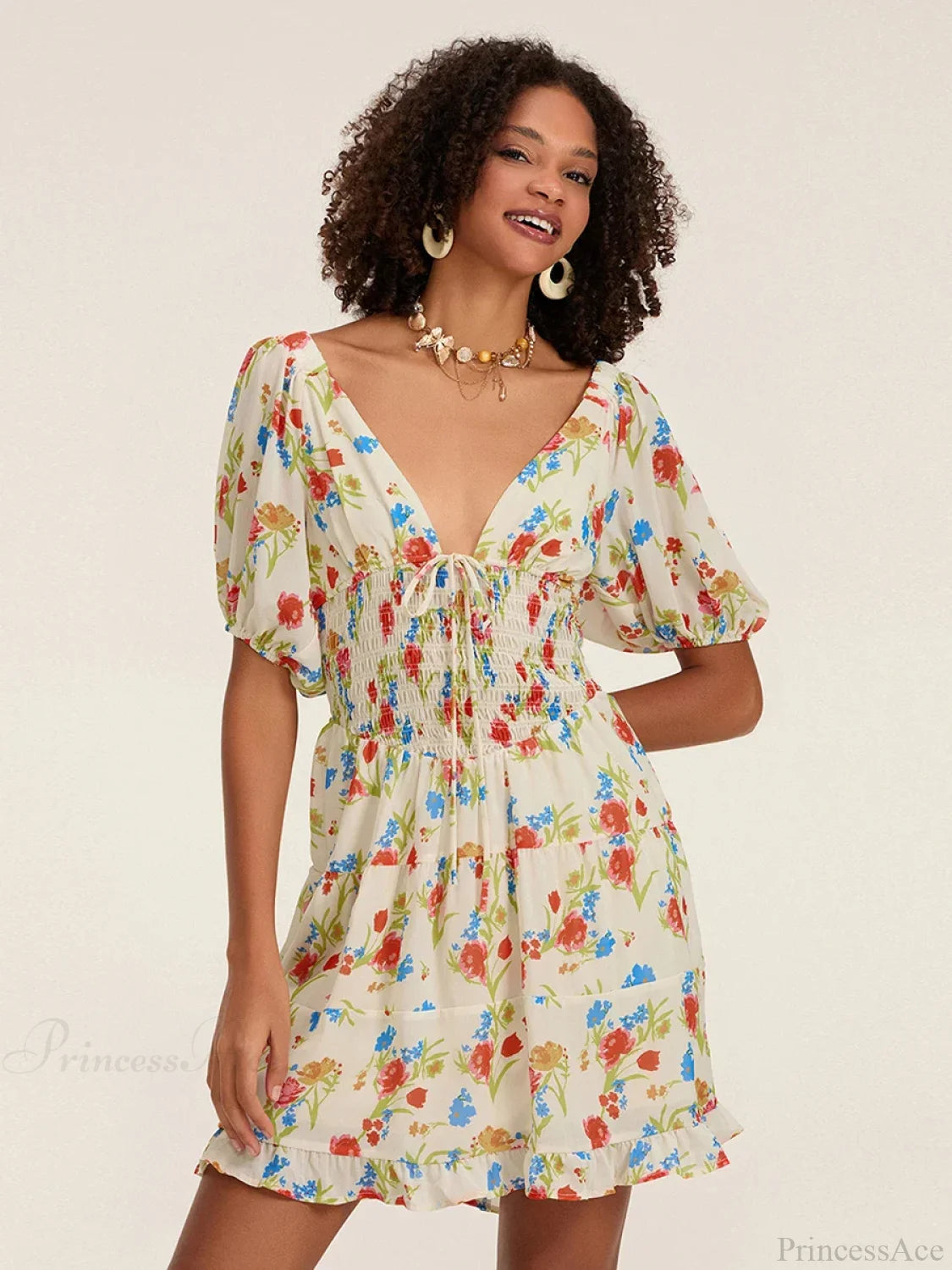 Floral A-Line Mini Puff Short Sleeve Tie-Up Front Flared Vacation Party Dress floraldress-250126