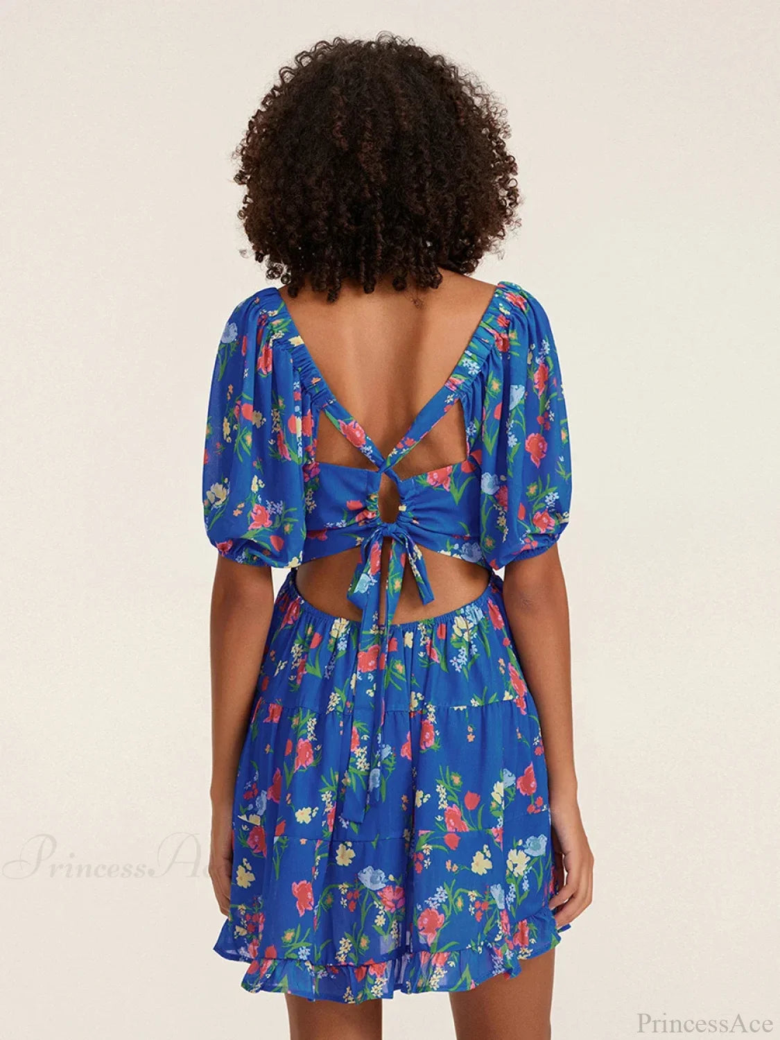 Floral A-Line Mini Puff Short Sleeve Tie-Up Front Flared Vacation Party Dress floraldress-250126