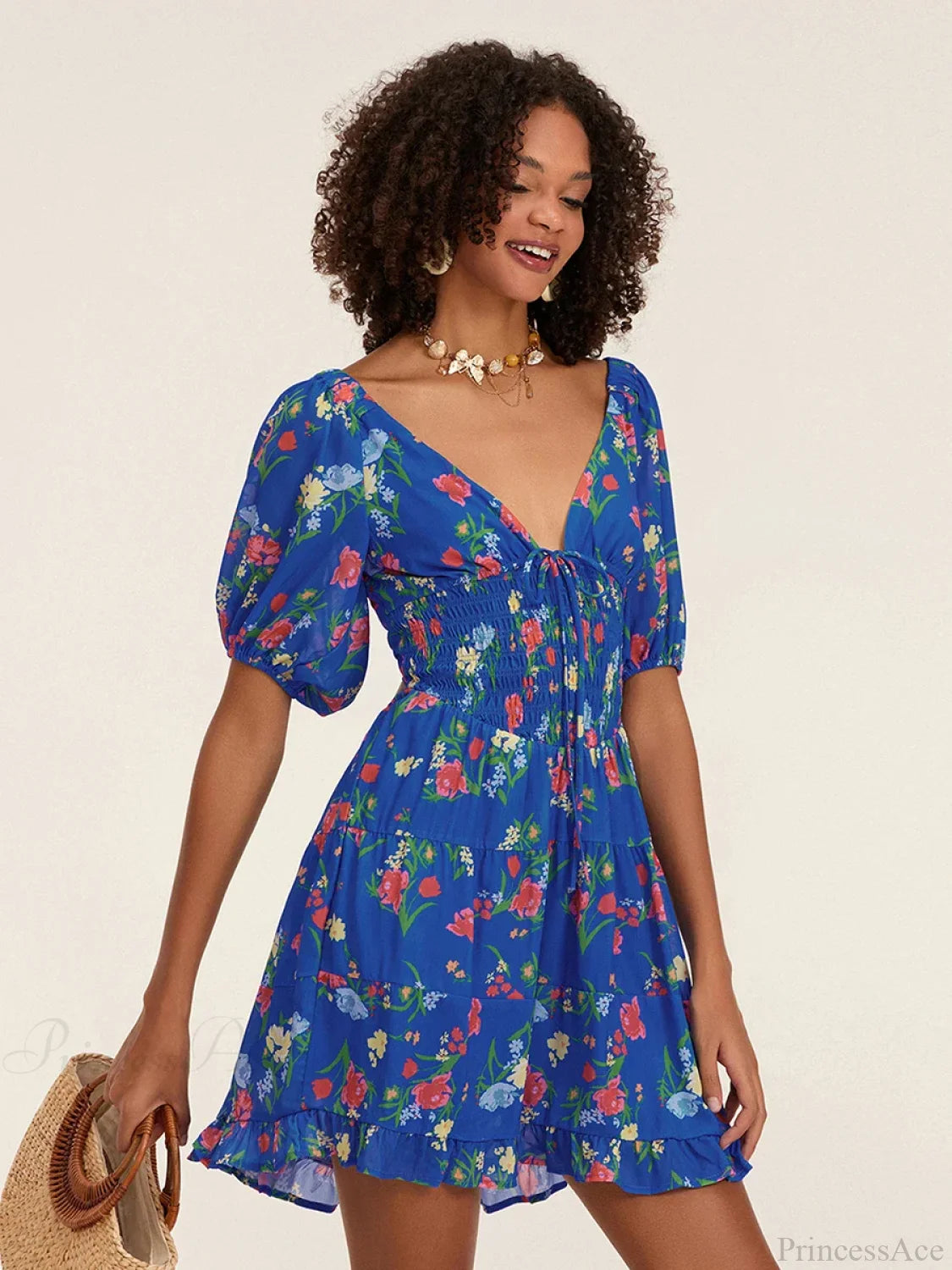 Floral A-Line Mini Puff Short Sleeve Tie-Up Front Flared Vacation Party Dress floraldress-250126