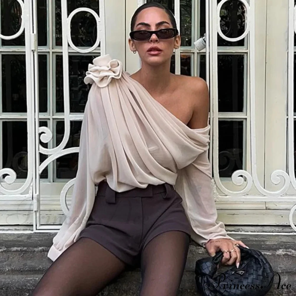 Floral Applique Mesh Chiffon Graceful One Shoulder Long Sleeve Top