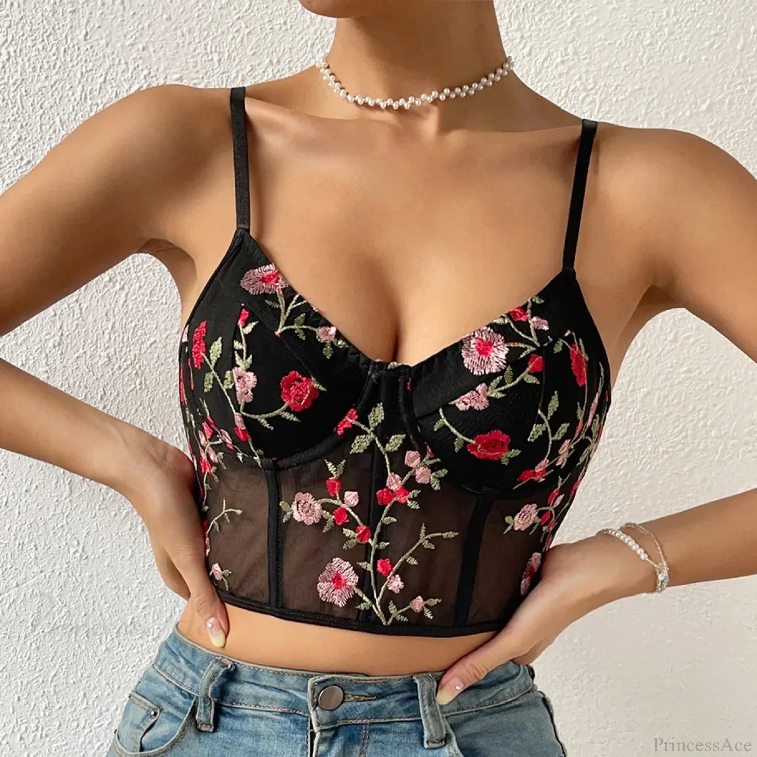 Floral Bustier Crop Top with Buckle Halter Tank Black / S croptop-250126