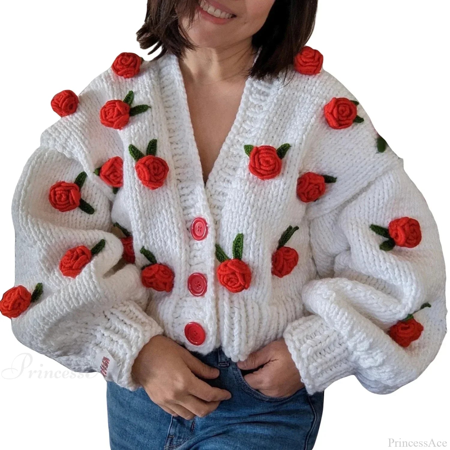 Floral Button Closure Knit Cardigan Red / S