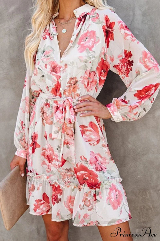 Floral Button Front Deep Modern V Beach Ruffle Dress