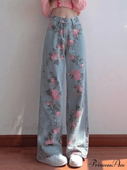 Floral Charming Flare Pants Blue / S Jeans