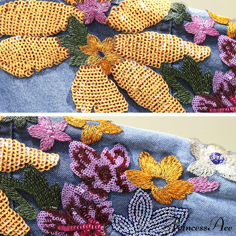 Floral Denim Embroidery Sequined Jacket