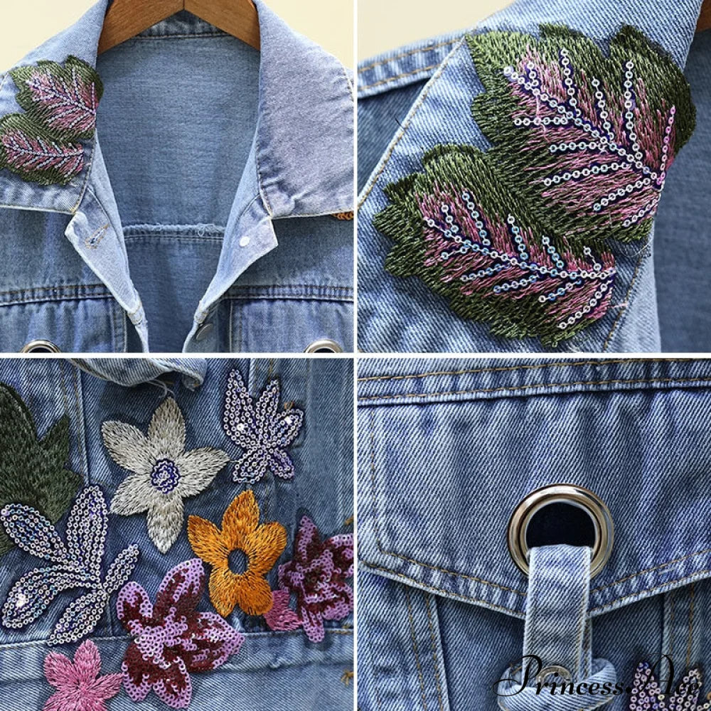 Floral Denim Embroidery Sequined Jacket