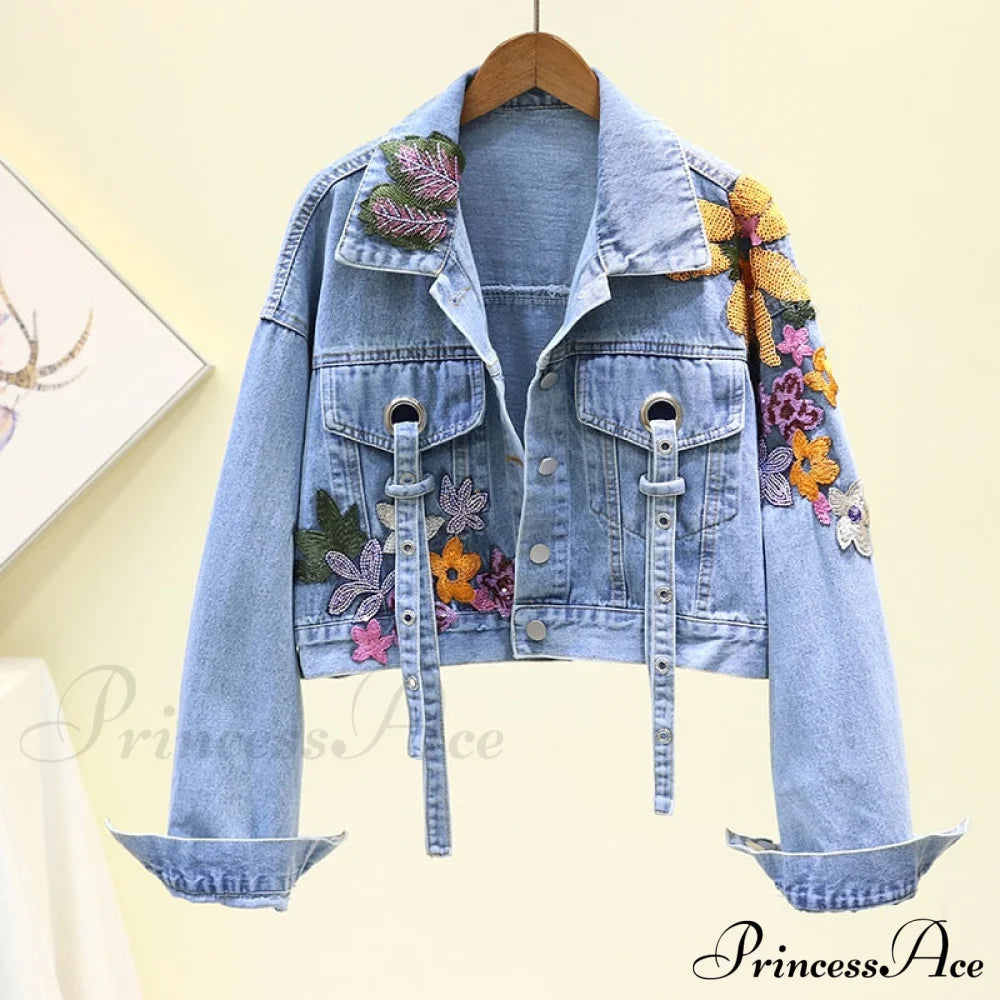 Floral Denim Embroidery Sequined Jacket