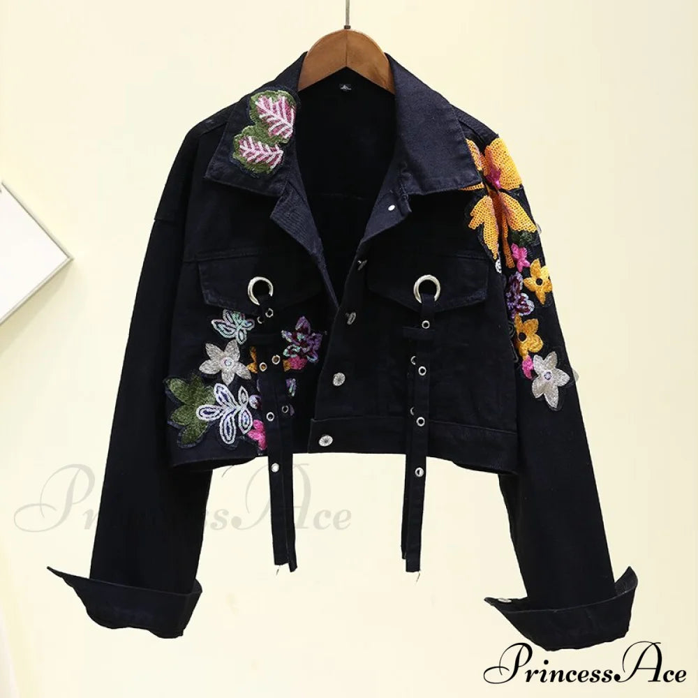 Floral Denim Embroidery Sequined Jacket