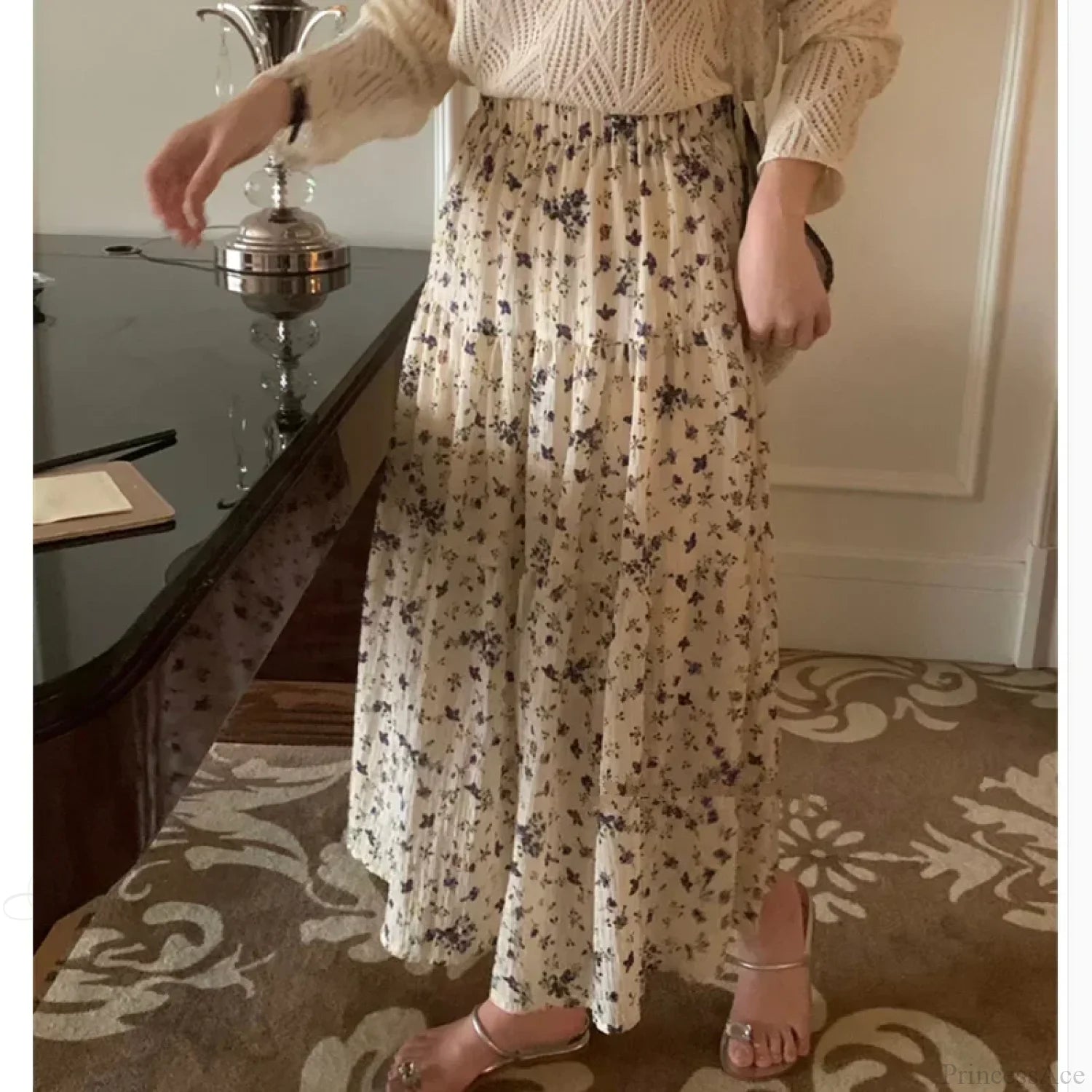 Floral Ditsy Print Elastic Waist Tiered Long Flared Skirt Beige / One Size skirt-250126