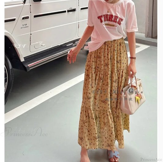 Floral Ditsy Print Elastic Waist Tiered Long Flared Skirt Yellow / One Size skirt-250126