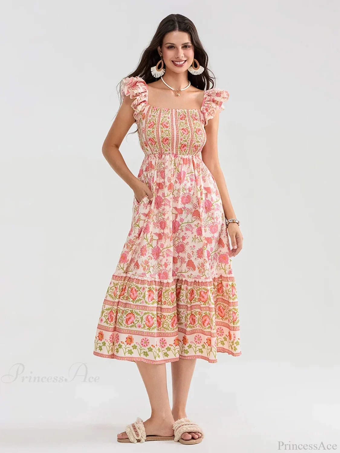 Floral Dot Print Shirred Square Neck Ruffled Flowing Beach Floral Dress floraldress-250126