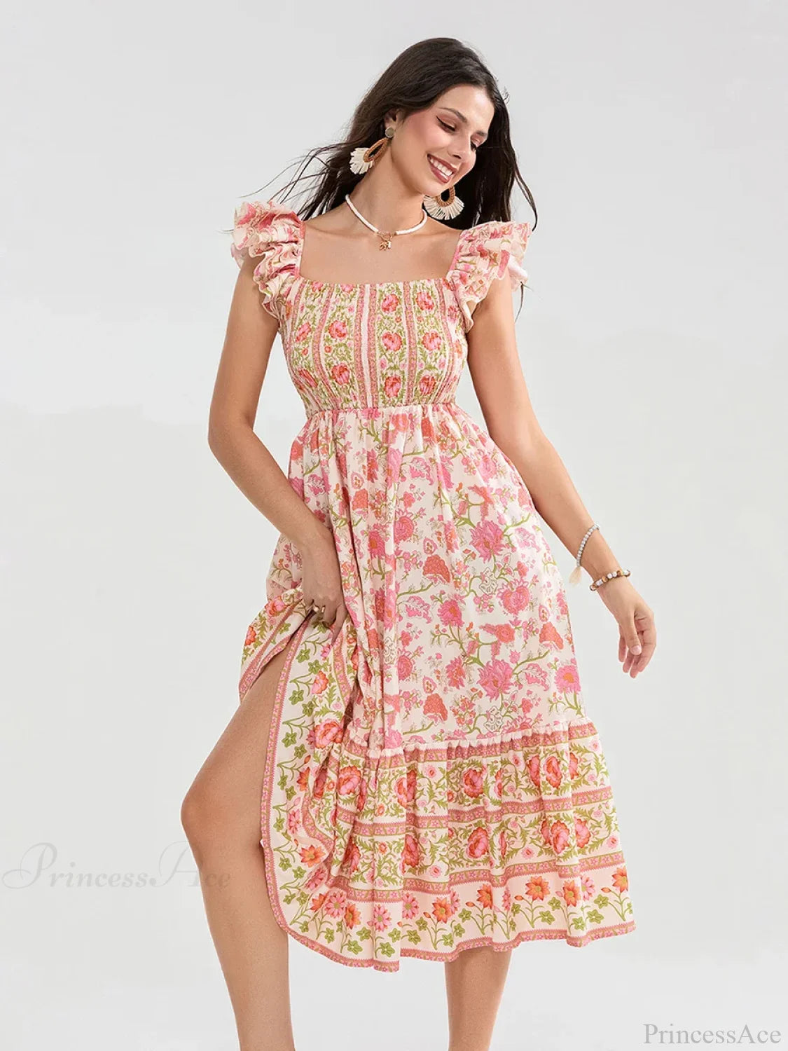 Floral Dot Print Shirred Square Neck Ruffled Flowing Beach Floral Dress Orange / S floraldress-250126