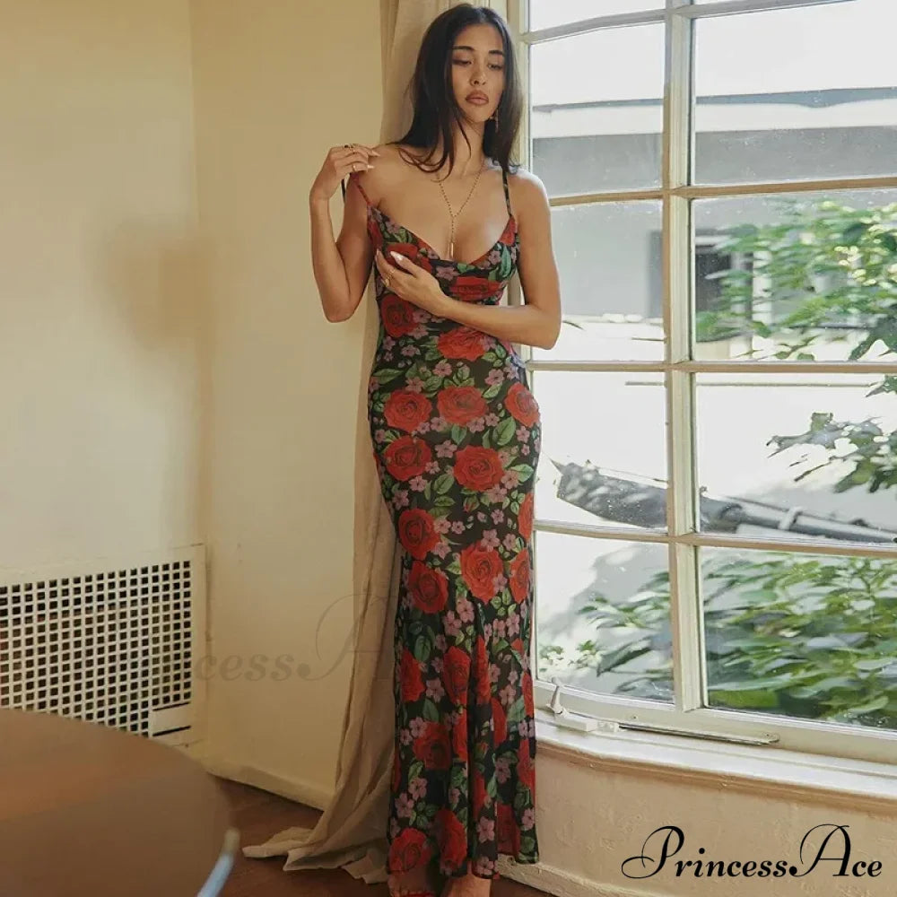 Floral Draped Slip Maxi Dress Red / S