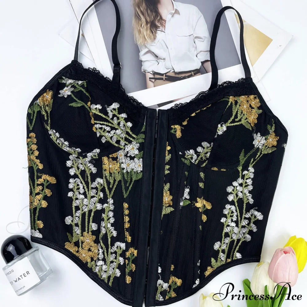 Floral Embellished Graceful Strap Mini Dress L / Black Corset Tops