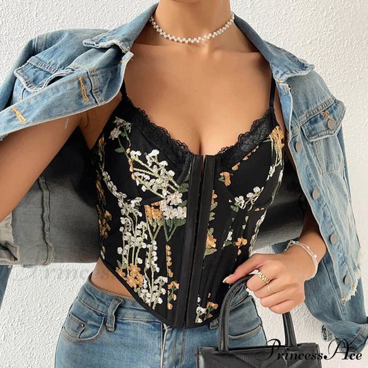 Floral Embellished Graceful Strap Mini Dress S / Black Corset Tops