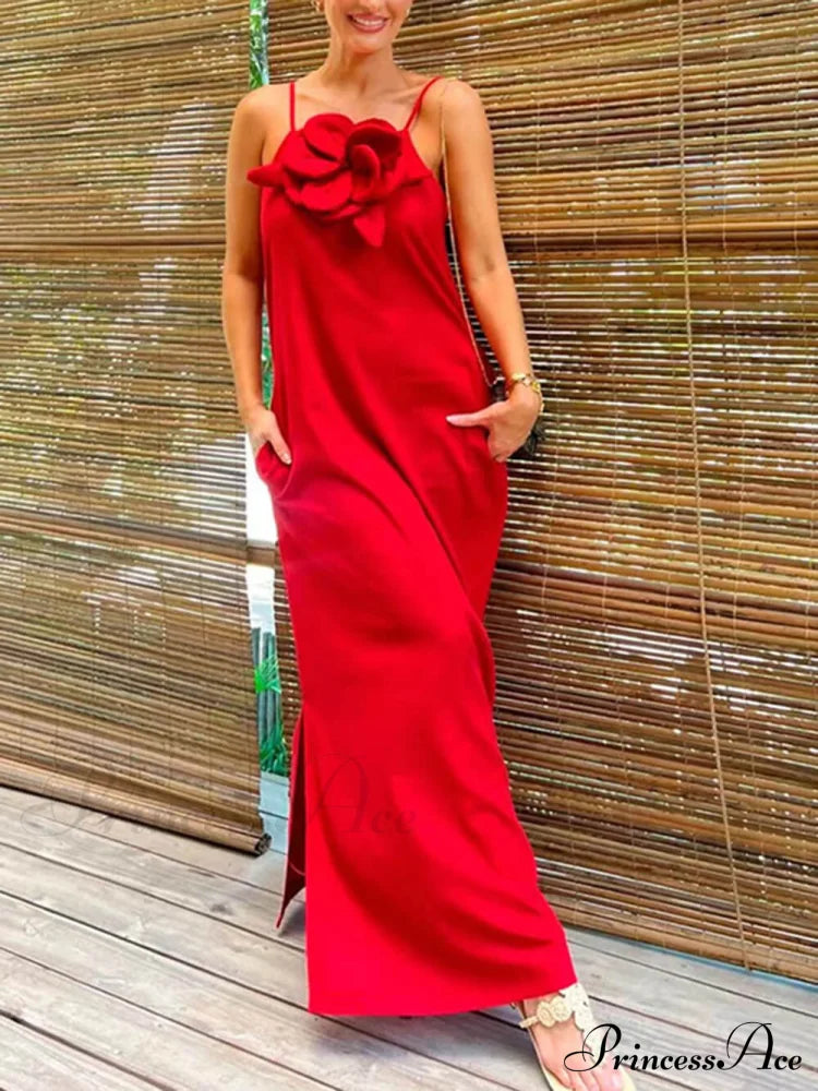 Floral Embellishment Pocketed Charming Slit Maxi Dress Red / S Dresses