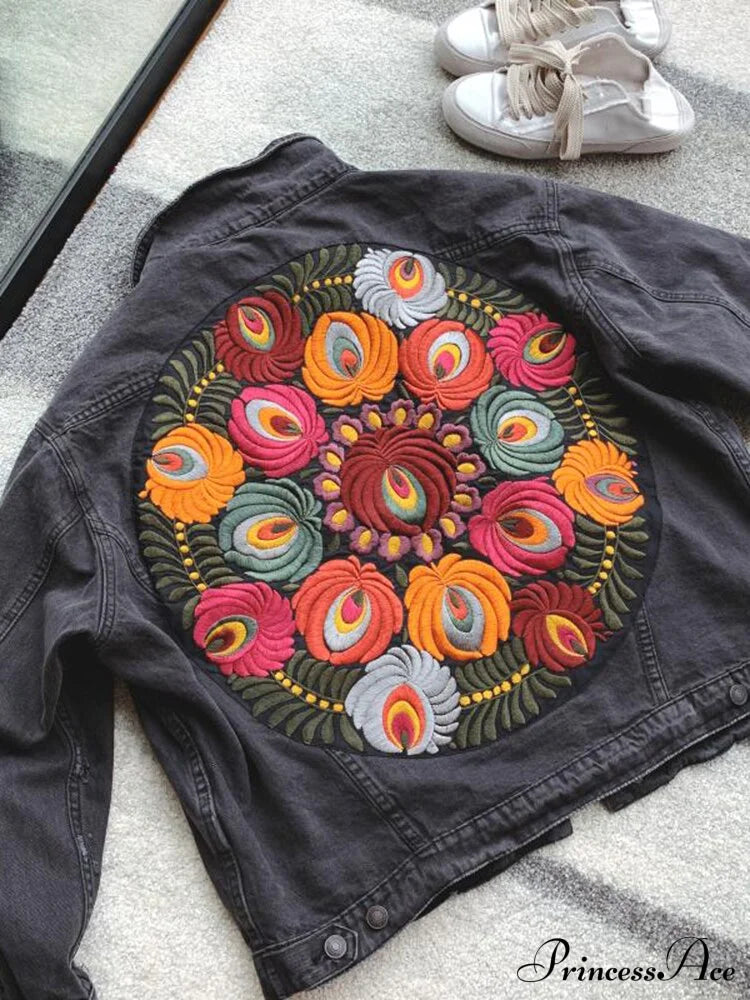 Floral Embroidered Denim Jacket Black / One Size