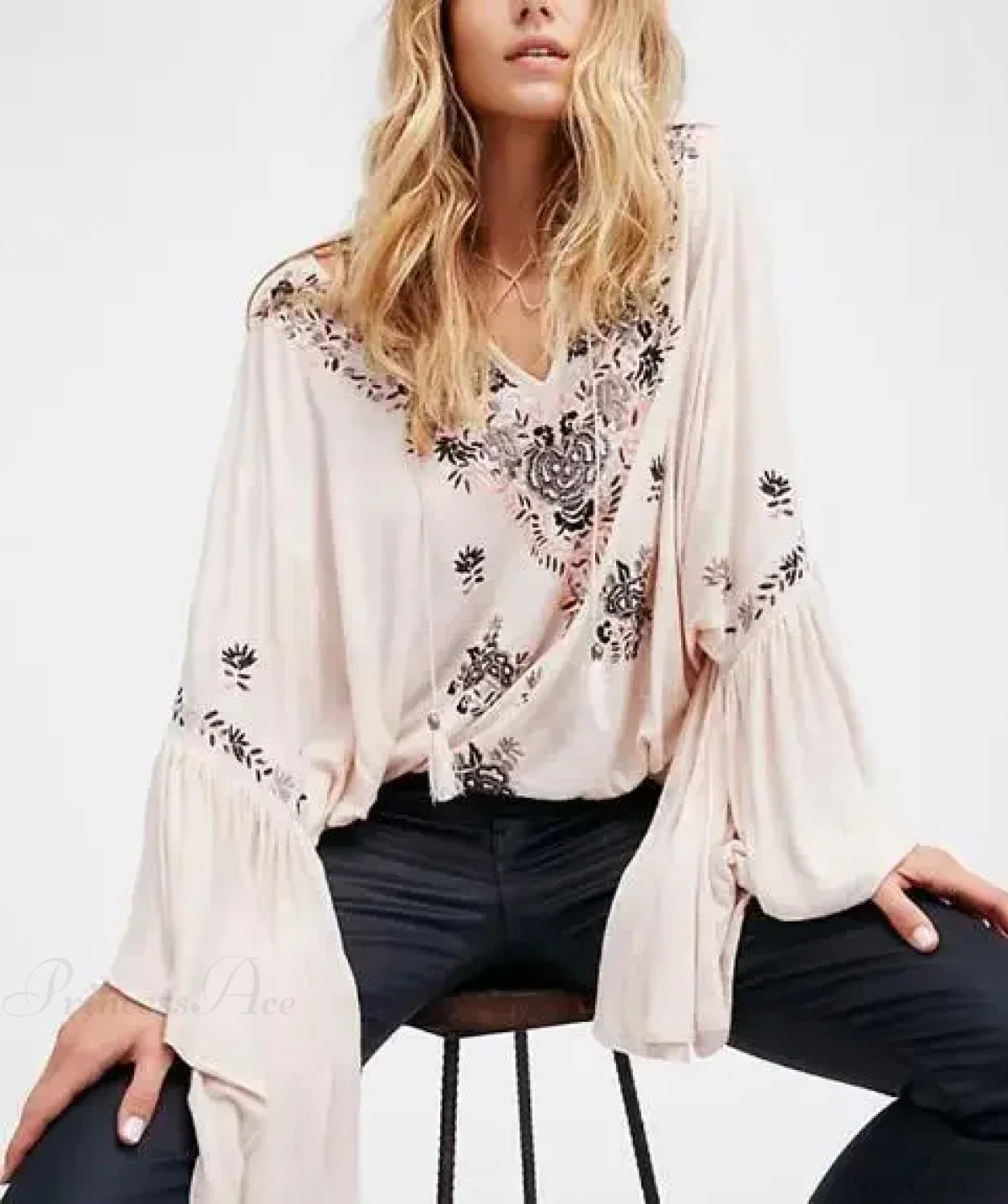 Floral Embroidered Flare Sleeve V-Neck Casual Boho Blouse Beige / S bohoblouse-250126