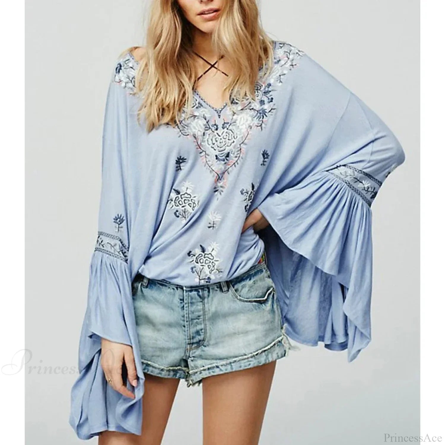 Floral Embroidered Flare Sleeve V-Neck Casual Boho Blouse bohoblouse-250126