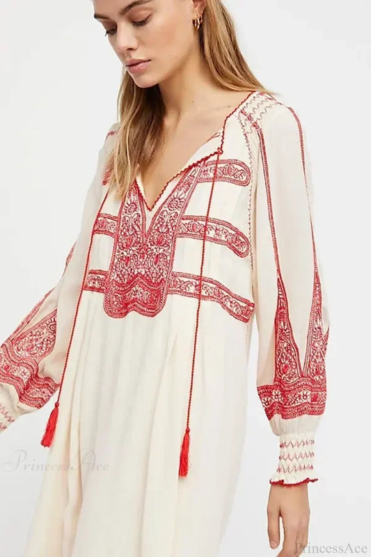 Floral Embroidered Tassel Oversized Cotton Boho Dress Beige / S bohodress-250126
