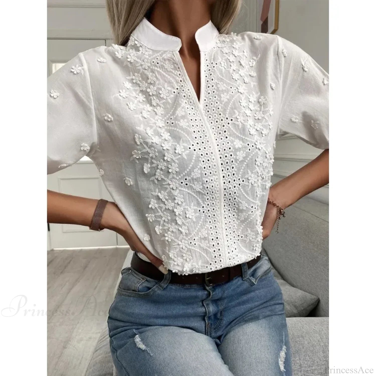 Floral Embroidery Hollow Out V Neck Blouse blouse-250223