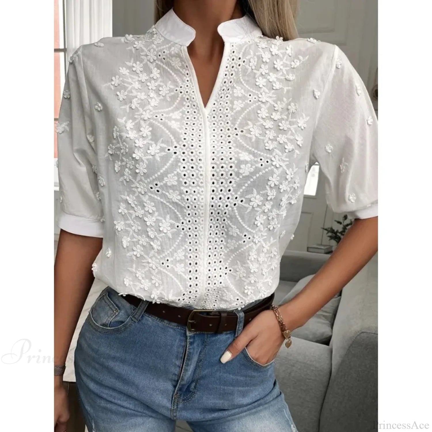 Floral Embroidery Hollow Out V Neck Blouse blouse-250223
