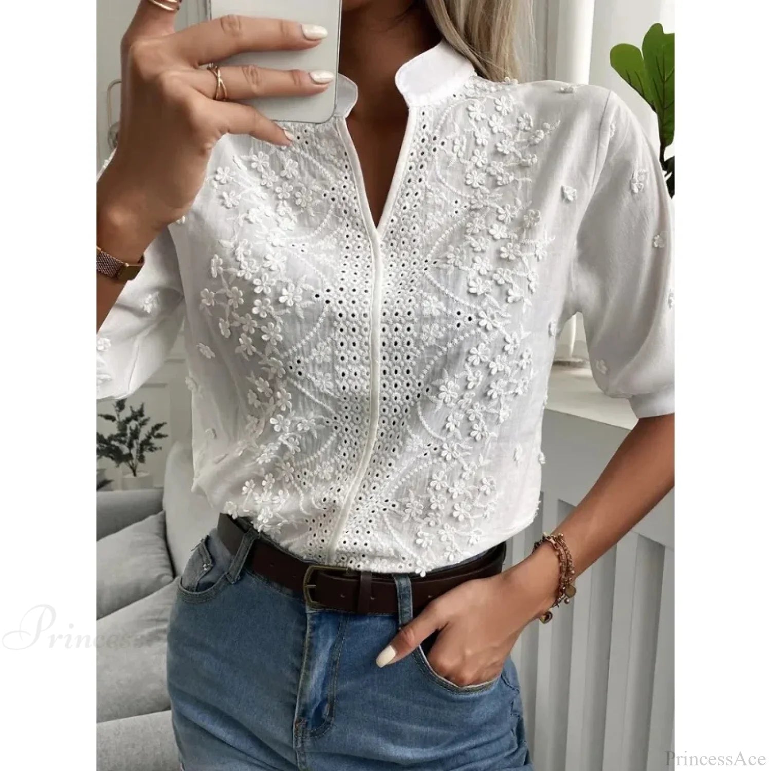 Floral Embroidery Hollow Out V Neck Blouse blouse-250223