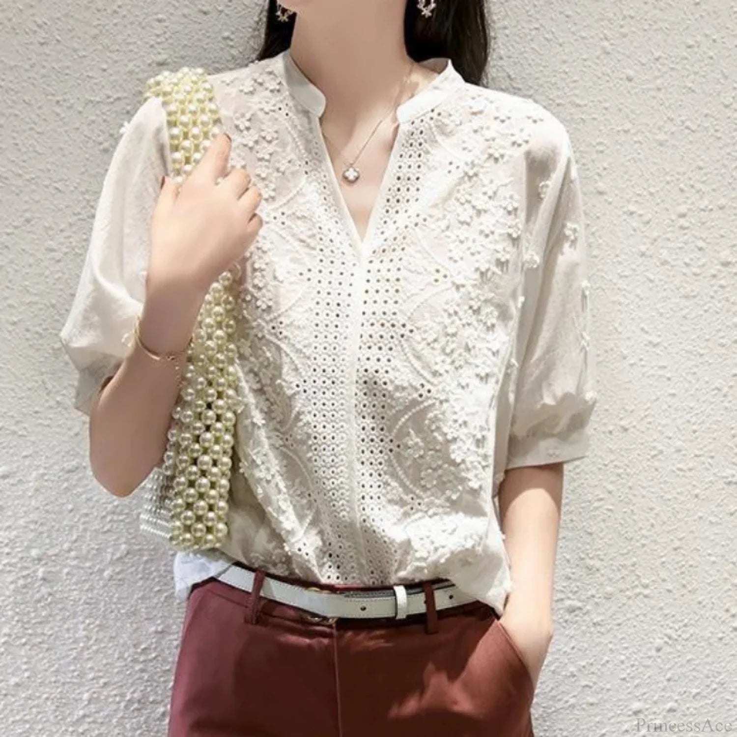 Floral Embroidery Lace Hollow V-neck Blouse blouse-250126