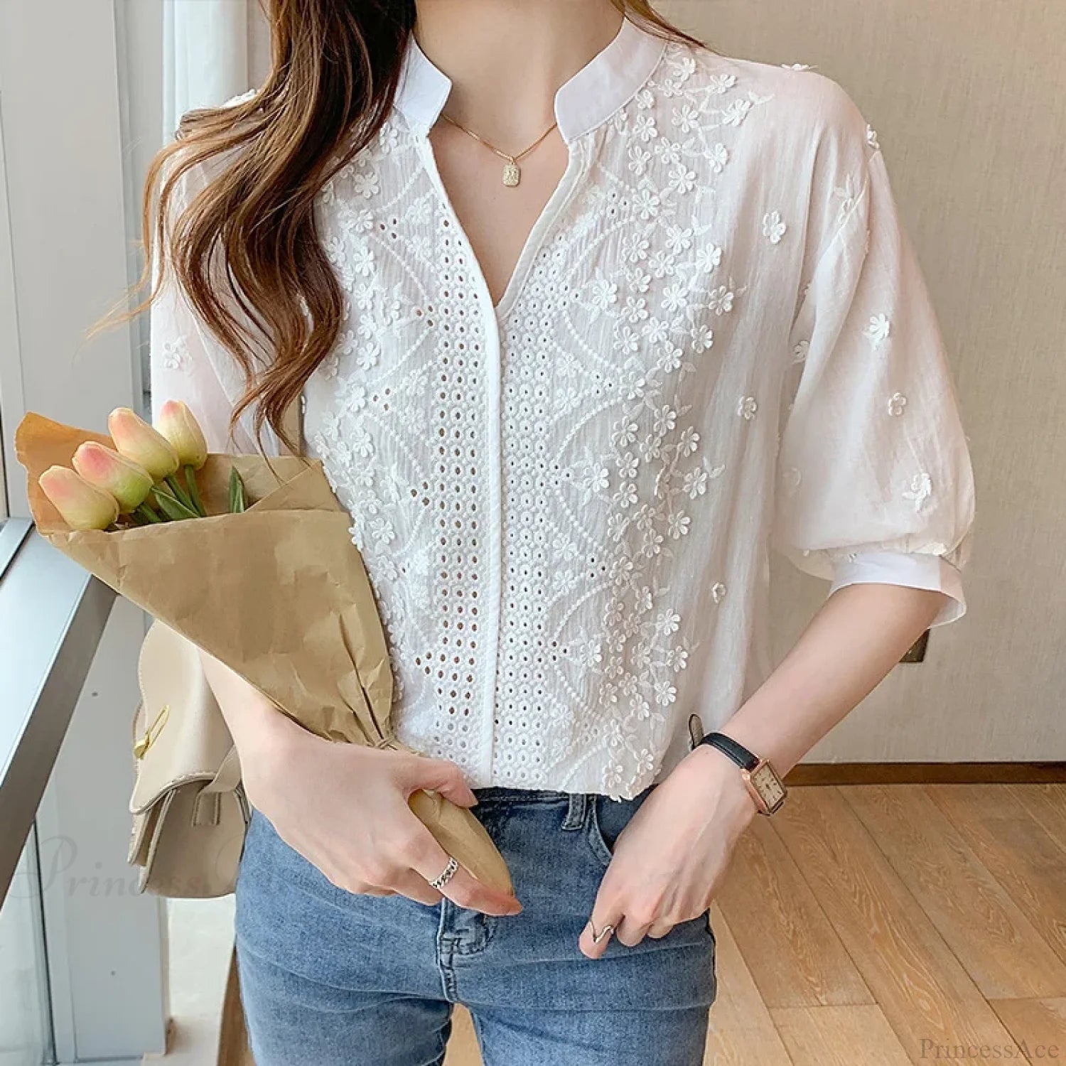 Floral Embroidery Lace Hollow V-neck Blouse WHITE / S blouse-250126