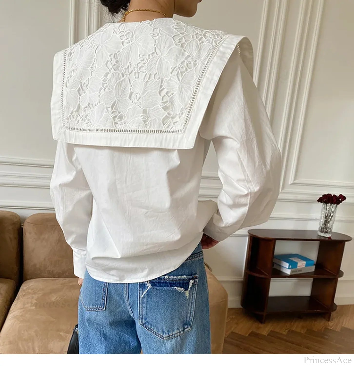 Floral Embroidery Neck Long Sleeve Cotton Boho Blouse