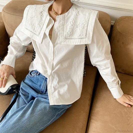 Floral Embroidery Neck Long Sleeve Cotton Boho Blouse White / S
