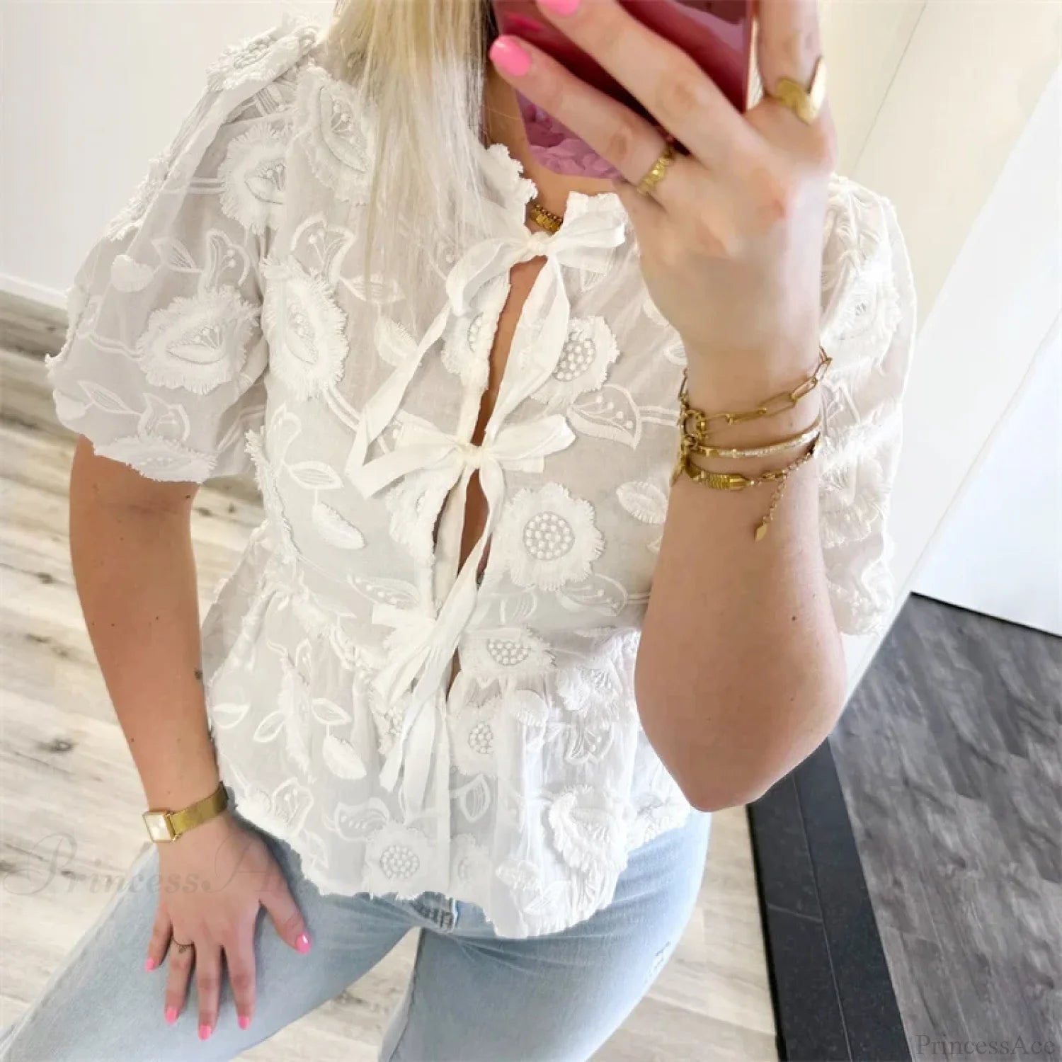Floral Embroidery Puff Short Sleeve Blouse blouse-250223