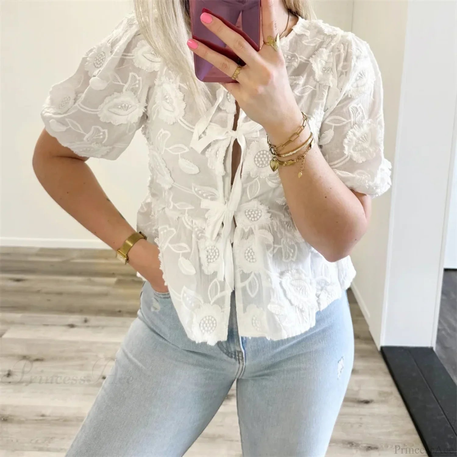 Floral Embroidery Puff Short Sleeve Blouse blouse-250223