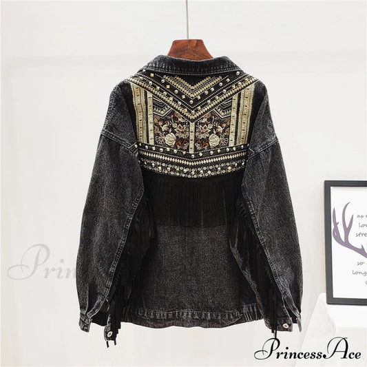 Floral Embroidery Suede Fringe Demin Jacket