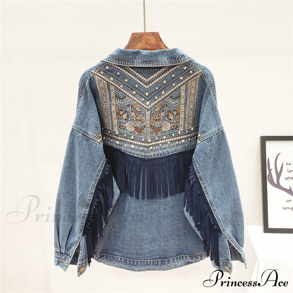 Floral Embroidery Suede Fringe Demin Jacket