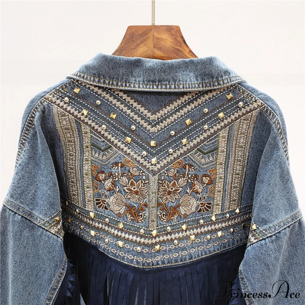 Floral Embroidery Suede Fringe Demin Jacket