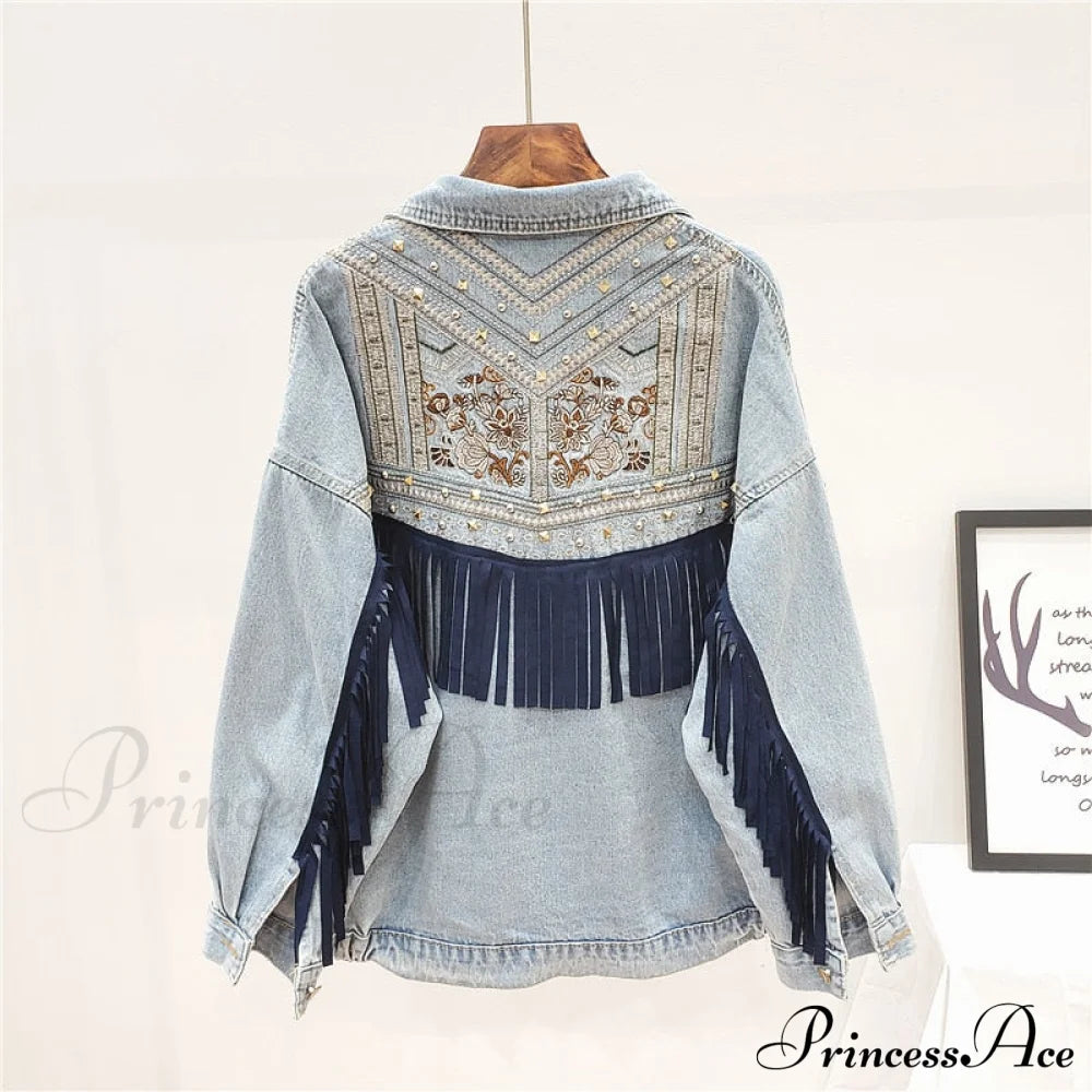 Floral Embroidery Suede Fringe Demin Jacket