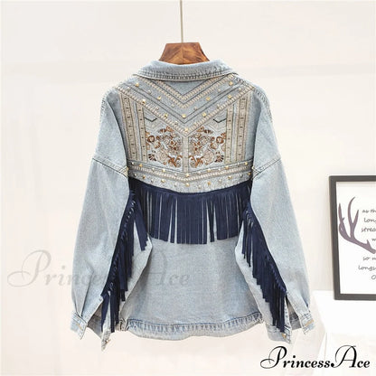 Floral Embroidery Suede Fringe Demin Jacket