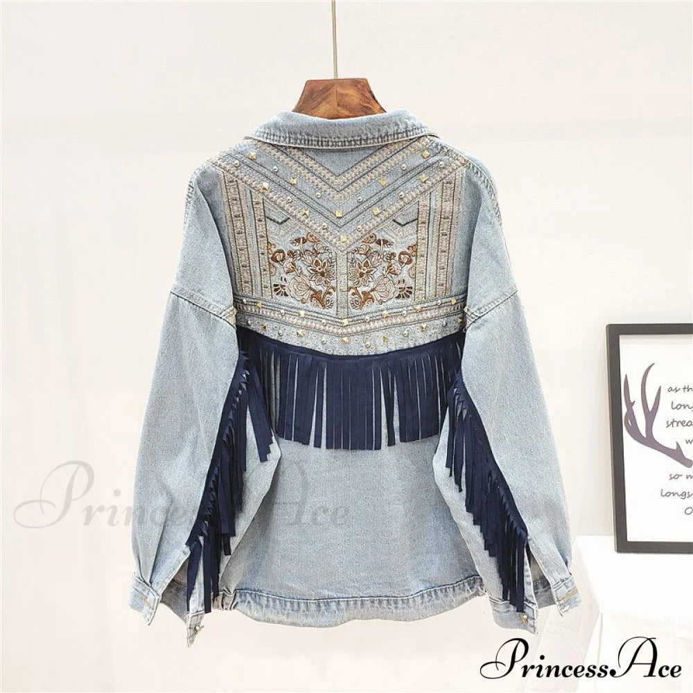 Floral Embroidery Suede Fringe Demin Jacket Light Blue / S