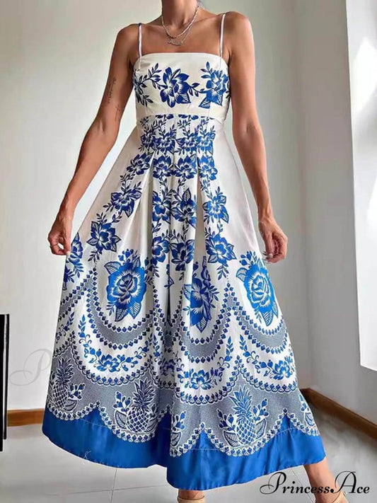 Floral Ethnic Print Back Graceful Smocked Loose Midi Dress Blue / S Dresses