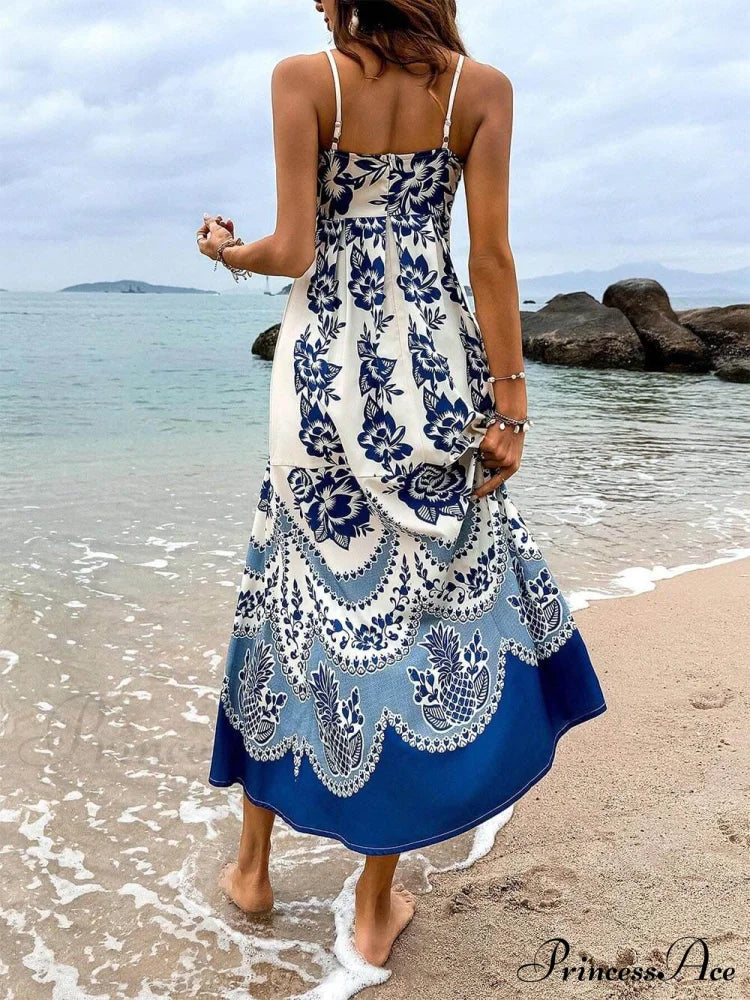 Floral Ethnic Print Back Graceful Smocked Loose Midi Dress Dresses