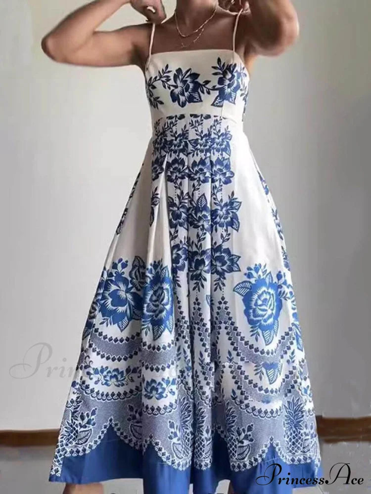 Floral Ethnic Print Back Graceful Smocked Loose Midi Dress Dresses