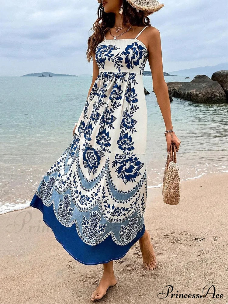 Floral Ethnic Print Back Graceful Smocked Loose Midi Dress Dresses