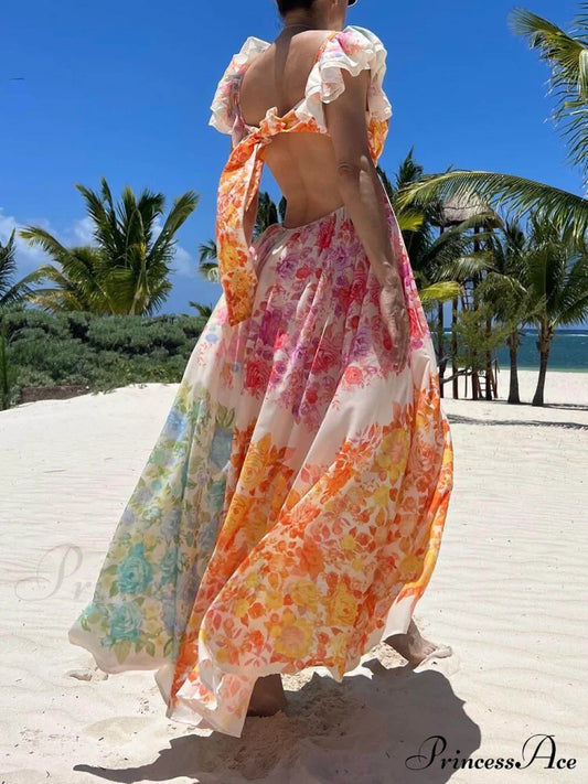 Floral Frill Cutout Charming Back Tie-Up Maxi Dress Dresses