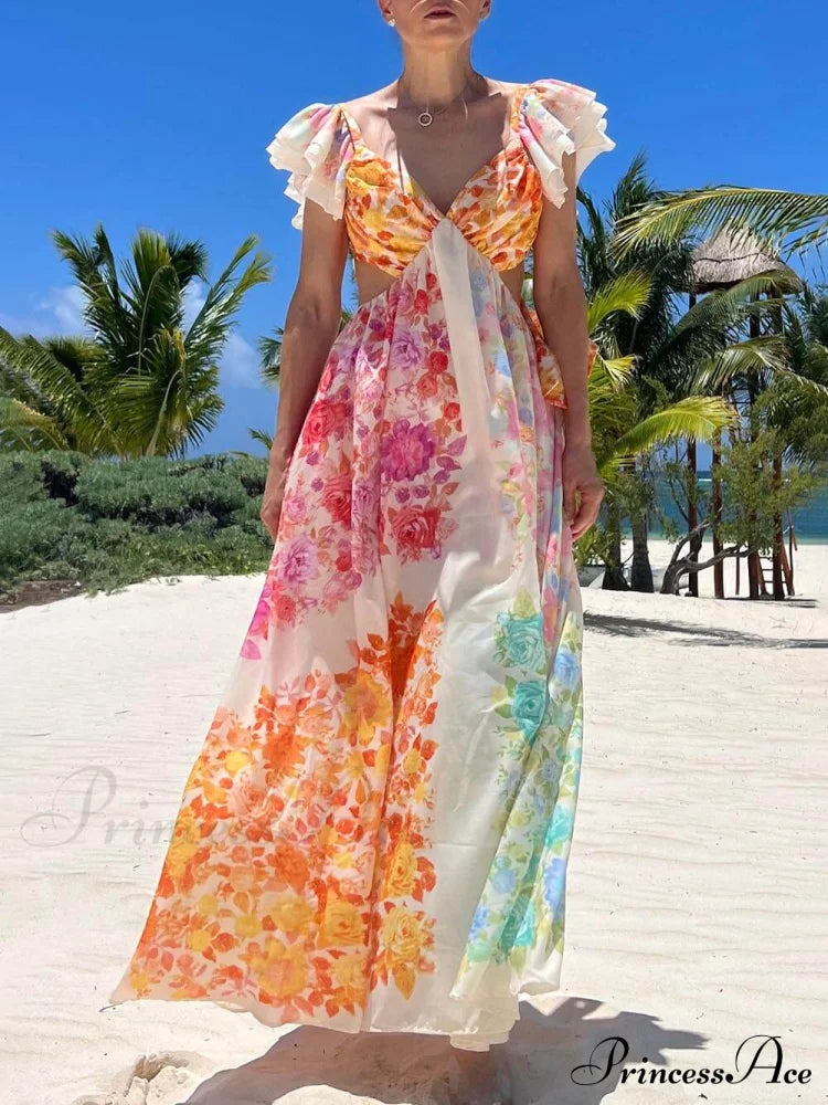 Floral Frill Cutout Charming Back Tie-Up Maxi Dress Dresses