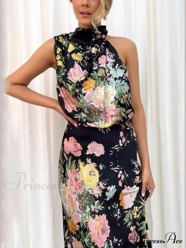 Floral Halter Neck Charming Elastic Waist Maxi Dress Black / S Dresses