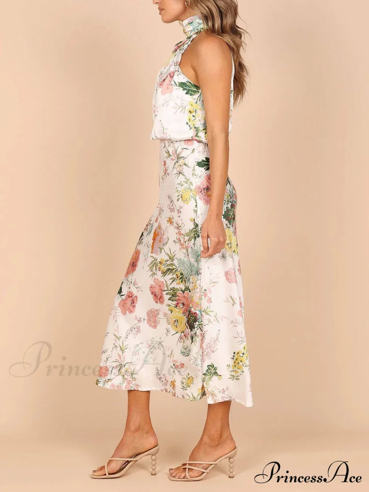 Floral Halter Neck Charming Elastic Waist Maxi Dress Dresses